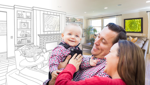 Happy Young Family Over Custom Living Room Design Drawing Photo Combination.