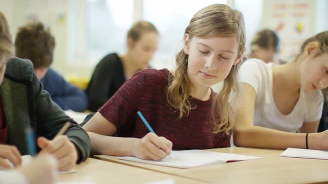  Portrait of young girl writing at her desk in school classroom