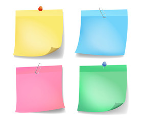 Collection of different colored sheets of note papers with curled corner and push pin, ready for your message. Vector illustration. Isolated on white background. Front view. Close up.