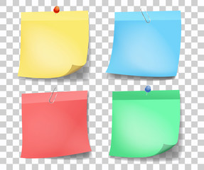 Collection of different colored sheets of note papers with curled corner and push pin, ready for your message. Vector illustration. Isolated on white background. Front view. Close up.