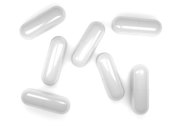 Close up of pills capsule isolated on white background.