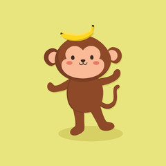 Vector illustration of cute monkey cartoon character standing in yellow background with banana on its head.