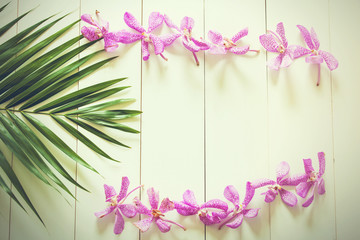 Obraz premium Palm leaf and orchid flowers arranged with white wood background - summer concept,copy space