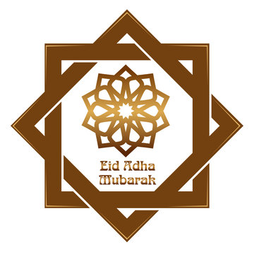 Eid al-Adha - Festival of the Sacrifice, Bakr-Eid. Muslim holidays. Gold icon and lettering - Eid Adha Mubarak. Vector illustration isolated on white background