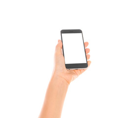 Business hand with mobile phone .
