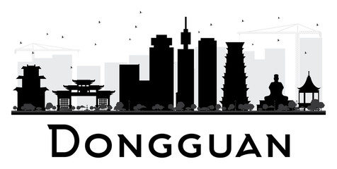 Dongguan City skyline black and white silhouette.