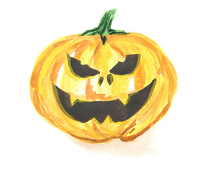 Watercolor scary pumpkin. Spooky face for Halloween. October festival.