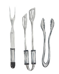 Watercolor grill utensil. Cooking tongs. Three set for holding hot meal.