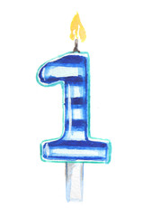 Watercolor 1 candle. Candle for holidays as birthday, anniversary and more. Cake decoration.