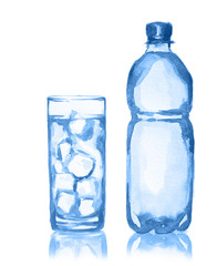 Watercolor water bottle and glass. Fresh healthy beverage. White background.