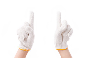 worker hand pointing up one finger, both hands with cotton glove