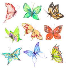Naklejka na ściany i meble Watercolor butterflies set. Colorful butterflies on white bcakground. Beautiful fragile creatures for decoration.