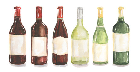 Watercolor wine bottles set. Beautiful bottles for decoration menu in restaurant or cafe. Alcoholic beverage.