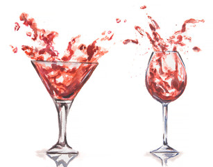 Watercolor wine splash set. Splash in wine glasses. Beautiful glasses for decoration menu in restaurant or cafe. Alcoholic beverage.