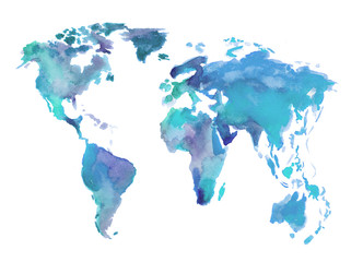 Fototapeta na wymiar Watercolor blue world map. Beautiful map with lands and islands. Watercolor illustration for decoration.
