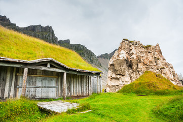 Traditional icelandic houses with grass roof.