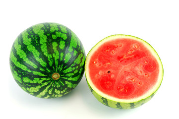 seedless watermelon cut in half on white background