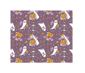 Seamless pattern with halloween characters. Children in costumes. Ghost and angels with pumpkin and sweets  isolated on the violet background. Trick or treat vector illustration.