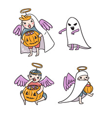 Set of halloween characters. Children in costumes.Ghost and angels with pumpkin and sweets  isolated on the white background. Trick or treat vector illustration.
