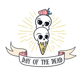 Day of the dead lettering greeting card. Vector holiday background. Hand drawn stylish illustration with text and sweet skulls.