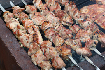 meat skewers on the barbecue coals