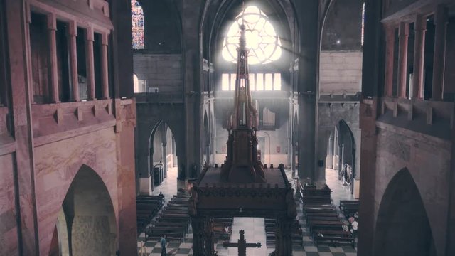 Atrium of the cathedral of Manizales  from the balcony when the light enters from the stained glass. 4k