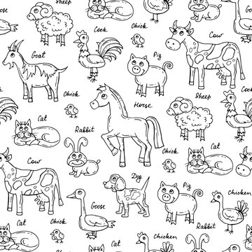 Vector seamless pattern with hand drawn isolated animals on white color