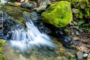 Long Exposure River and Green Moss Stone In Forest