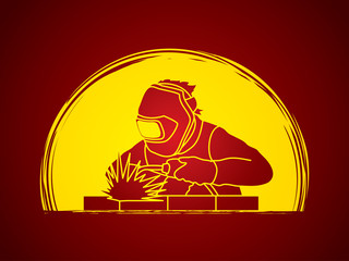 Welder working welding designed on moonlight background graphic vector