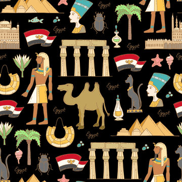 Vector seamless pattern with hand drawn colored symbols of Egypt on black color