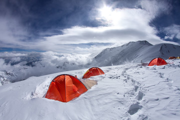 Tents in mountains in the winter