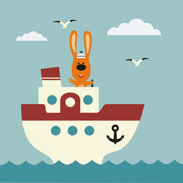 Funny bunny sailor on bridge of ship. Icon ship travel.
