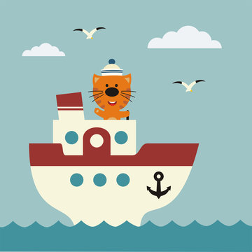 Funny kitten sailor on bridge of ship. Icon ship travel.