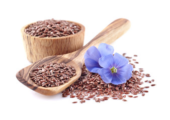 Flax seeds in a wooden spoon