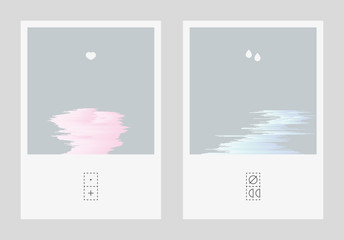 Diptych illustration with mild glitched gradient shapes. Short visual story about broken relationships. Abstract emotional expressive postcards.