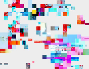 Glitched shapes. Random digital signal error. Abstract contemporary background made of colorful pixel mosaic. Element of design for a trendy poster, cover, business card, invitation or postcard.
