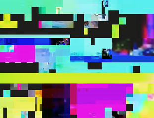 Glitch background in the rave aesthetic. Random digital signal error. Abstract contemporary print made of colorful pixel mosaic. Element of design for a trendy poster, cover, invitation or postcard.