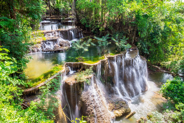 Waterfall scenic natural sunlight at huai mae khamin national park, kanchanaburi,thailand