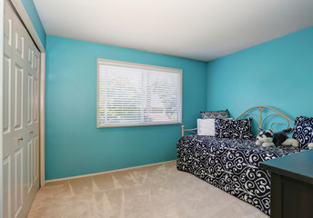 Modern blue adult bedroom interior with wardrobe