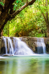 Waterfall deep forest soft scenic natural at huai mae khamin national park, kanchanaburi,thailand