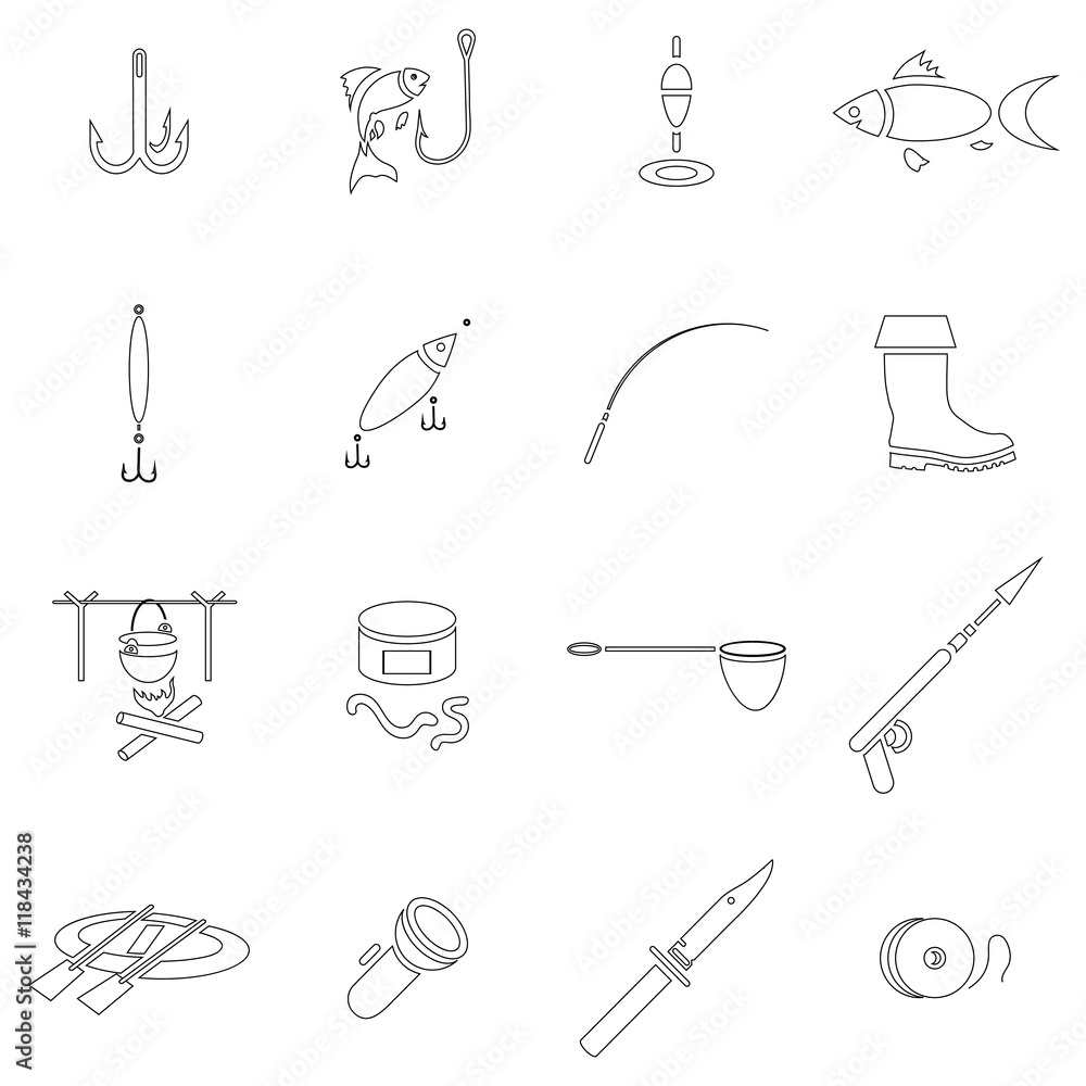 Poster outline fishing icons set. universal fishing icons to use for web and mobile ui, set of basic fishin