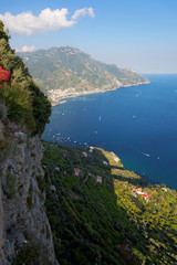 Looking down a steep cliff along the Amalfi Coast , Ravello, Italy