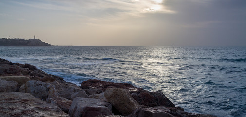 Seascape, Mediterranean sea in winter evening. Tel Aviv