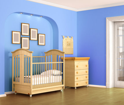 Children room in blue tones, for baby boy. 3d illustration
