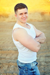 Hiking - Hiker enjoying view. Male hiker sitting and relaxing.