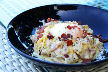 Spaghetti carbonara with bacon, cheese and soft boiled egg - Ita