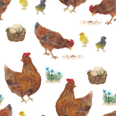 Watercolor painting Animal set with chicken and rooster, farm, tractor,trees, meadow, eggs
