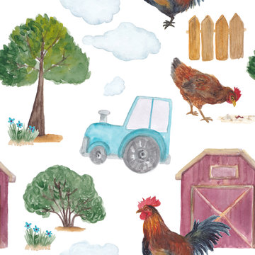 Watercolor painting Animal seamless pattern with chicken and rooster, farm, tractor,trees, meadow.
