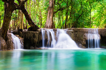 Waterfall deep forest soft scenic natural at huai mae khamin national park, kanchanaburi,thailand