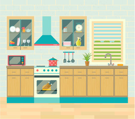Kitchen interior. Brick wall and flooring. Flat Vector illustration.